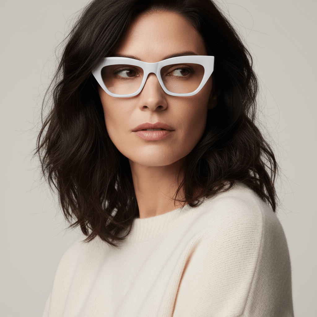 la vista frontal de una mujer de cara ovalada y pelo negro ondulado suelto usando unos marcos armazones opticos bonoboss en acetato sustentable biodegradable y reciclado de #color_blanco