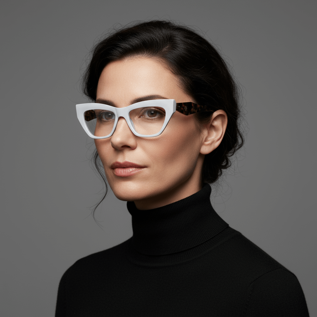 la vista frontal de una mujer de cara ovalada y pelo negro ondulado suelto usando unos marcos armazones opticos bonoboss en acetato sustentable biodegradable y reciclado de #color_blanco