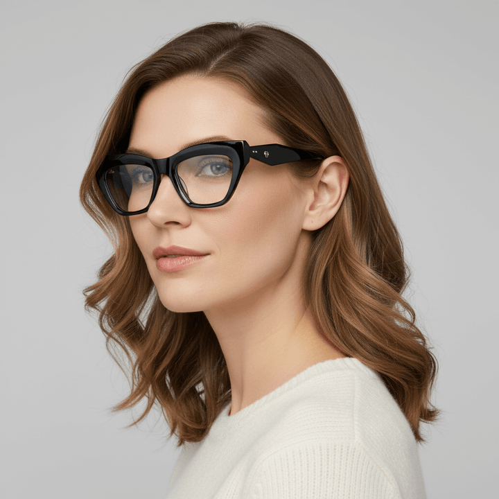 la vista lateral de una mujer de cara ovalada y pelo colorin rojizo ondulado suelto usando unos marcos armazones opticos bonoboss en acetato sustentable biodegradable y reciclado de #color_negro