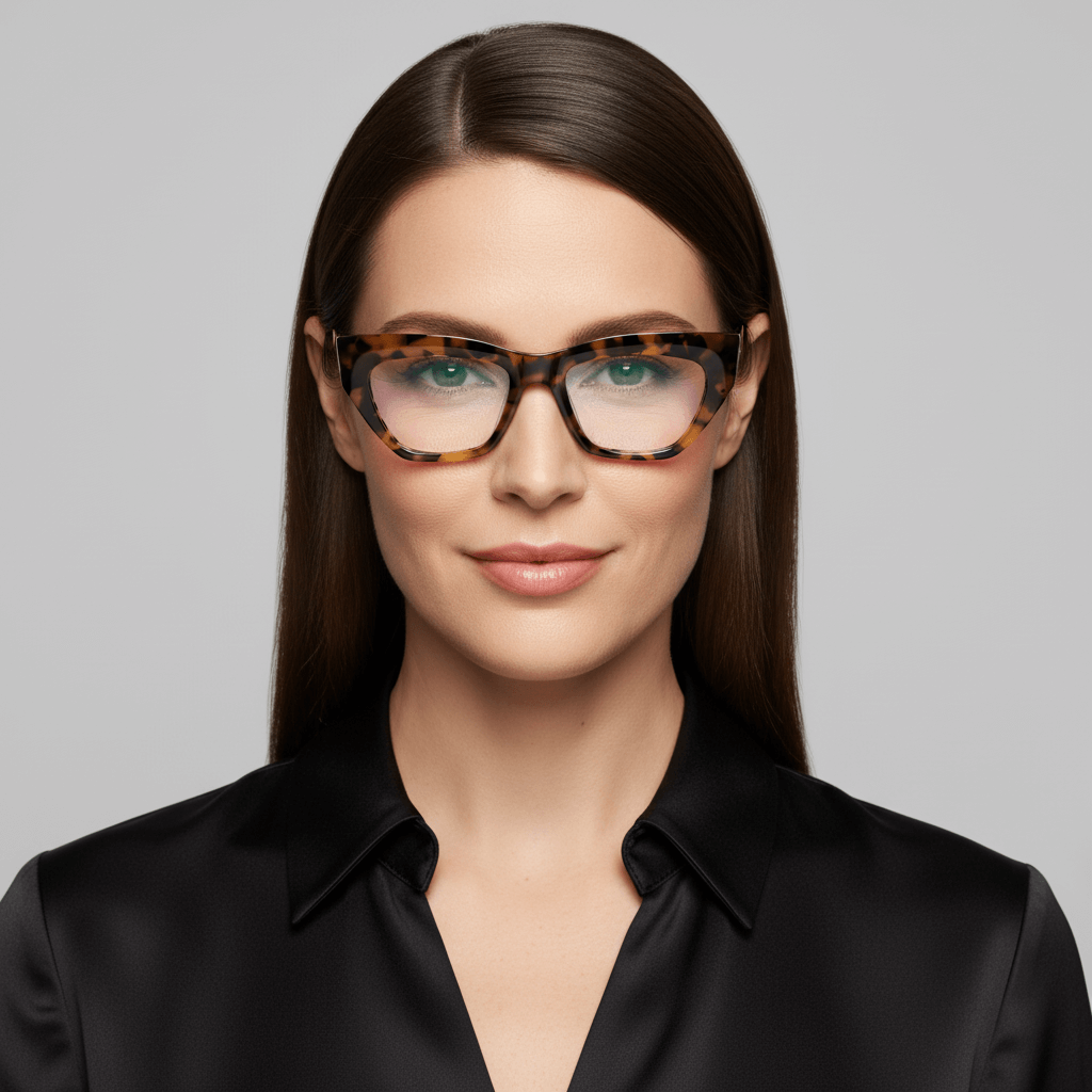 la vista frontal de una mujer de cara ovalada y pelo negro ondulado suelto usando unos marcos armazones opticos bonoboss en acetato sustentable biodegradable y reciclado de #color_blanco