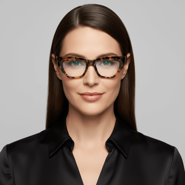 la vista frontal de una mujer de cara ovalada y pelo castaño oscuro liso suelto usando unos marcos armazones opticos bonoboss en acetato sustentable biodegradable y reciclado de #color_carey