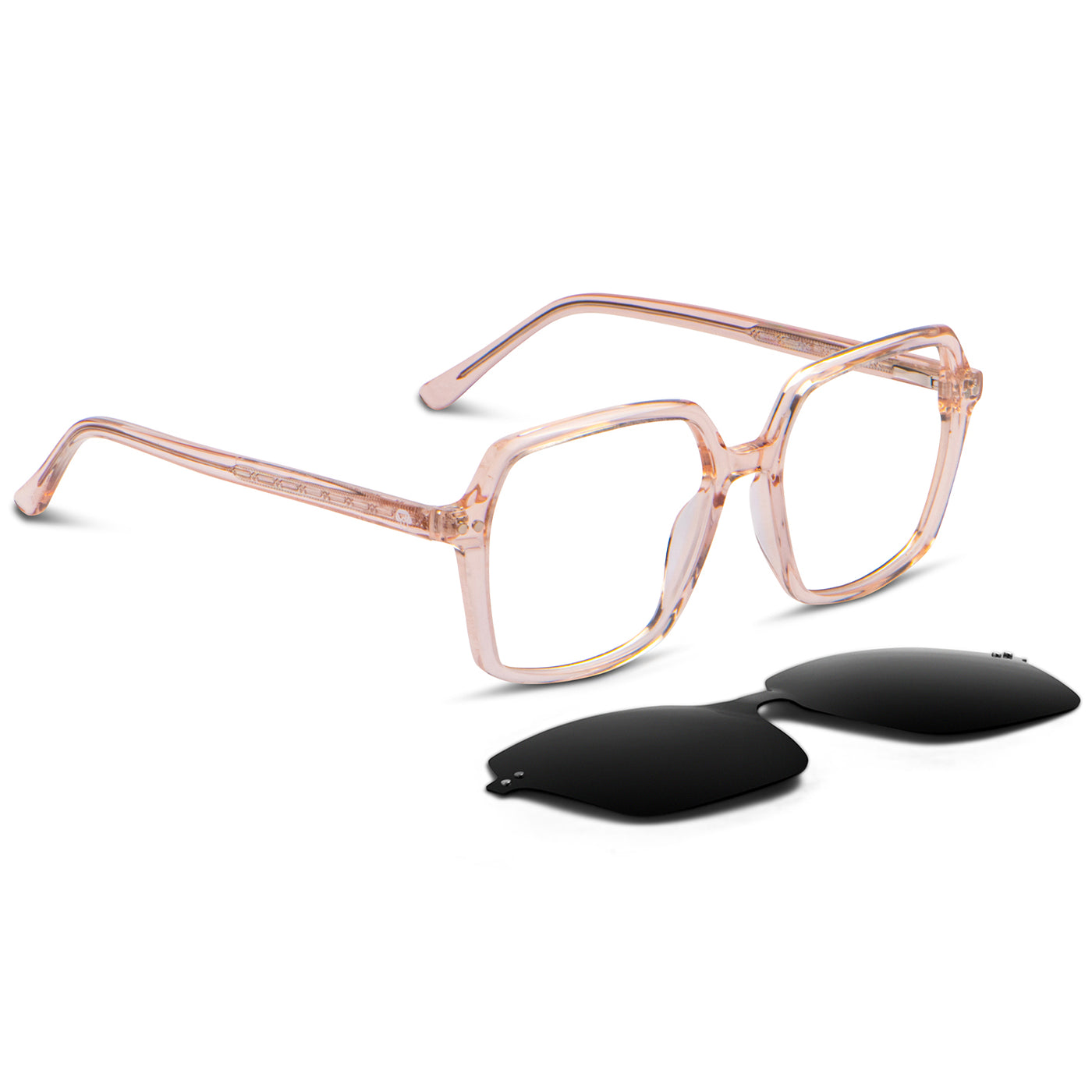 marcos opticos octagonales con sobre lente clip sol iman polarizado para hombre y mujer de color durazno o rosado