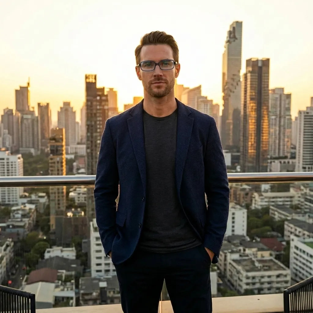 Lentes opticos Navarino Azul hombre urbano ciudad moderna sofisticado antirreflex receta optica bio-acetato Bonoboss #editorial_hombre-urbano #color_azul
