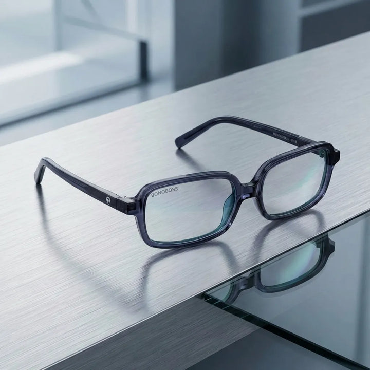 Lentes opticos Navarino Azul sobre metal cepillado industrial antirreflex receta optica bio-acetato Bonoboss #editorial_metal-brushed #color_azul