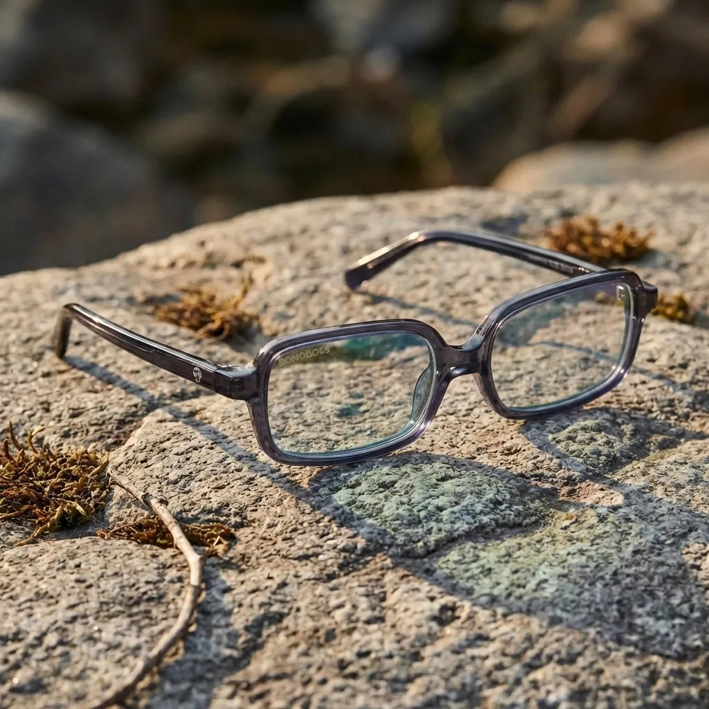 Lentes opticos Navarino Azul sobre piedra patagonica natural antirreflex receta optica bio-acetato Bonoboss #editorial_patagonica #color_azul