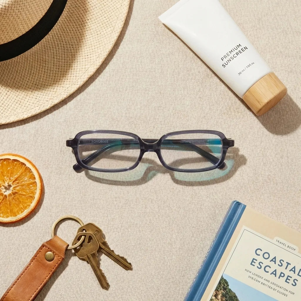 Lentes opticos Navarino Azul flat lay accesorios esenciales verano antirreflex receta optica bio-acetato Bonoboss #editorial_summer-essentials #color_azul