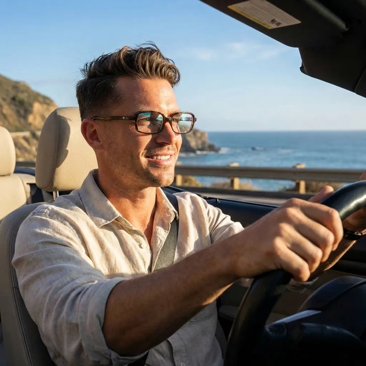 Lentes opticos Navarino Carey hombre conduciendo proteccion visual antirreflex receta optica bio-acetato Bonoboss #editorial_hombre-driving #color_carey