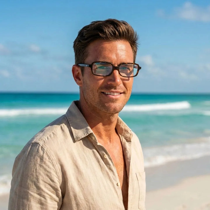 Lentes opticos Navarino Carey hombre en playa oceano estilo costero antirreflex receta optica bio-acetato Bonoboss #editorial_hombre-playa #color_carey