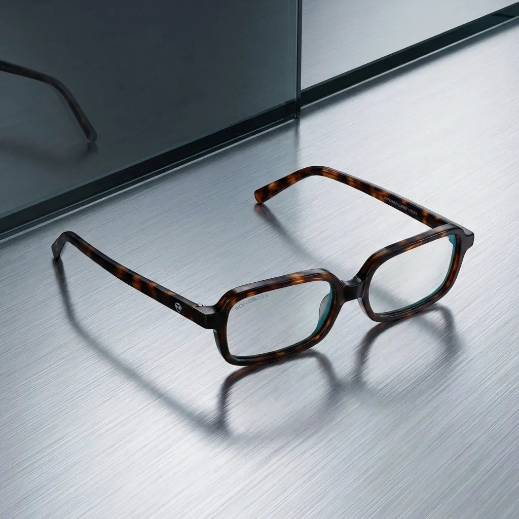 Lentes opticos Navarino Carey sobre metal cepillado industrial antirreflex receta optica bio-acetato Bonoboss #editorial_metal-brushed #color_carey