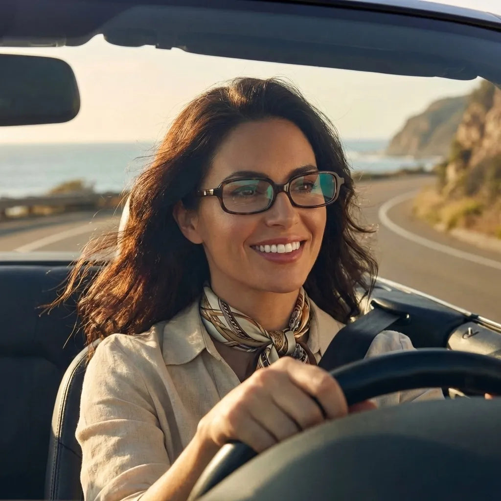 Lentes opticos Navarino Carey mujer conduciendo proteccion visual antirreflex receta optica bio-acetato Bonoboss #editorial_mujer-driving #color_carey