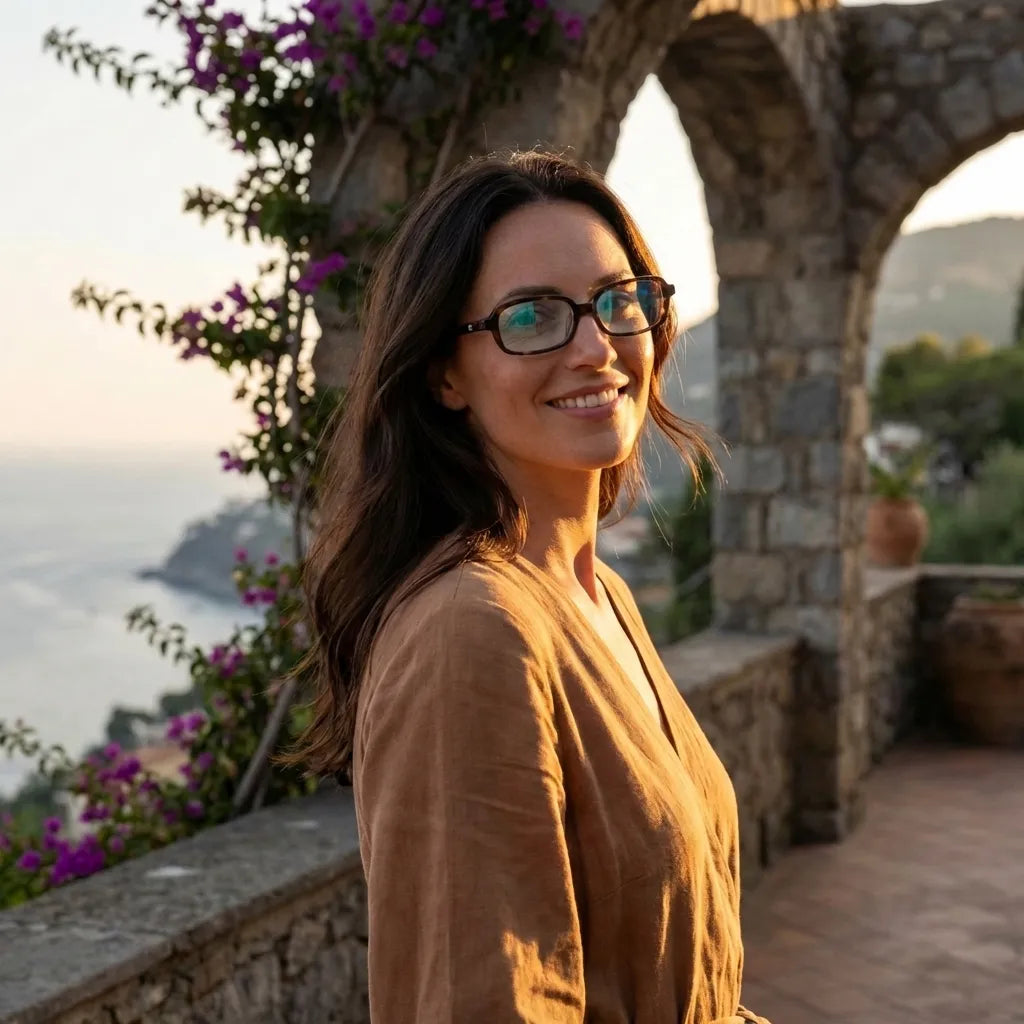 Lentes opticos Navarino Carey mujer golden hour atardecer elegancia antirreflex receta optica bio-acetato Bonoboss #editorial_mujer-golden-hour #color_carey