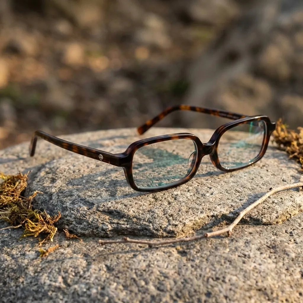 Lentes opticos Navarino Carey sobre piedra patagonica natural antirreflex receta optica bio-acetato Bonoboss #editorial_patagonica #color_carey