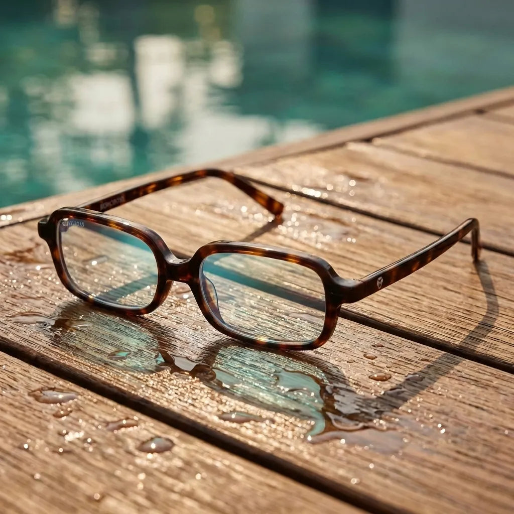 Lentes opticos Navarino Carey sobre madera teca con gotas de agua antirreflex receta optica bio-acetato Bonoboss #editorial_teca-agua #color_carey