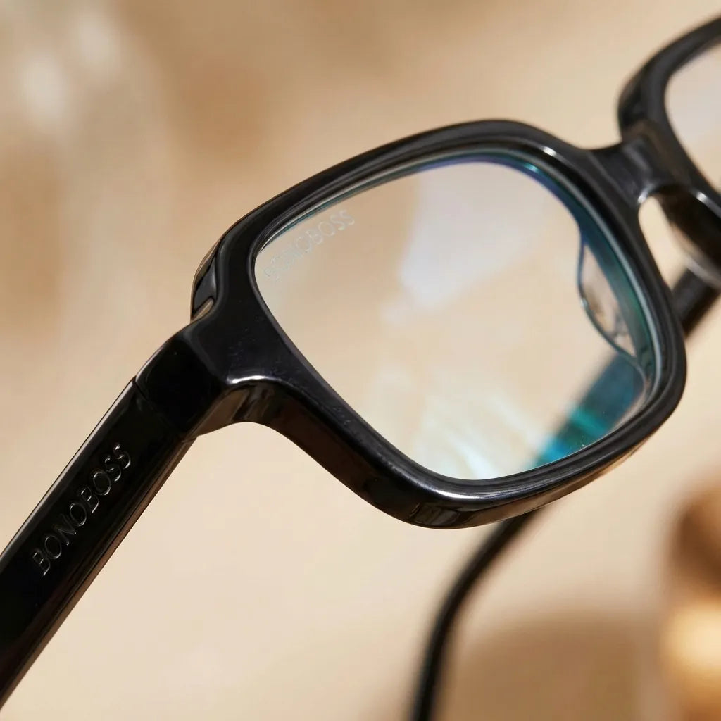 Lentes opticos Navarino Negro close-up acetato textura detalle material antirreflex receta optica bio-acetato Bonoboss #editorial_acetato-textura #color_negro
