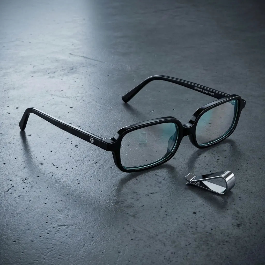 Lentes opticos Navarino Negro sobre concreto urbano minimalista antirreflex receta optica bio-acetato Bonoboss #editorial_concreto-urbano #color_negro