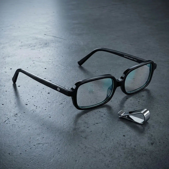 Lentes opticos Navarino Negro sobre concreto urbano minimalista antirreflex receta optica bio-acetato Bonoboss #editorial_concreto-urbano #color_negro