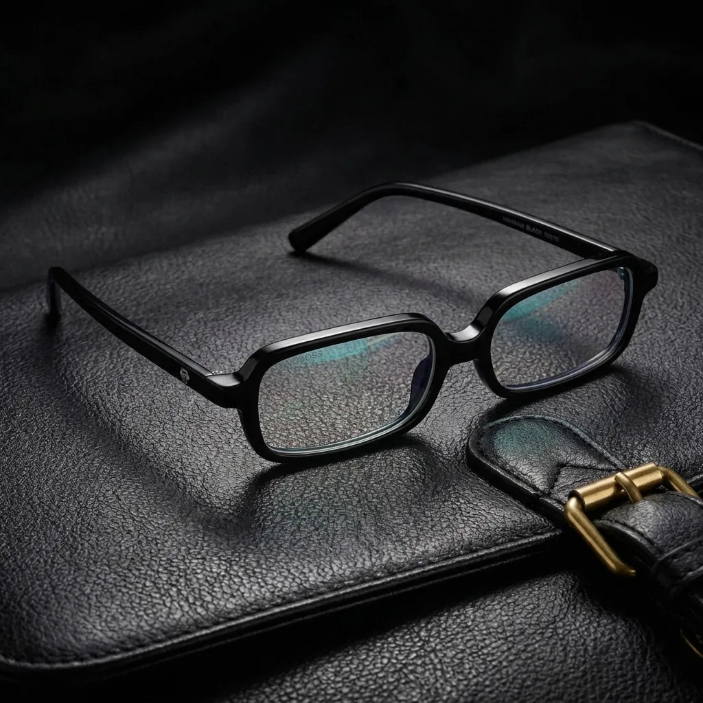 Lentes opticos Navarino Negro sobre cuero negro con detalle brass dorado antirreflex receta optica bio-acetato Bonoboss #editorial_cuero-brass #color_negro
