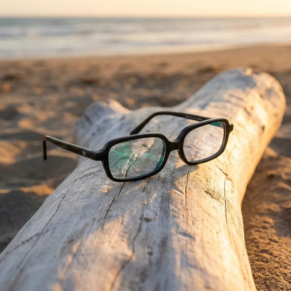 Lentes opticos Navarino Negro sobre driftwood dorado reflejo costero antirreflex receta optica bio-acetato Bonoboss #editorial_driftwood-golden #color_negro