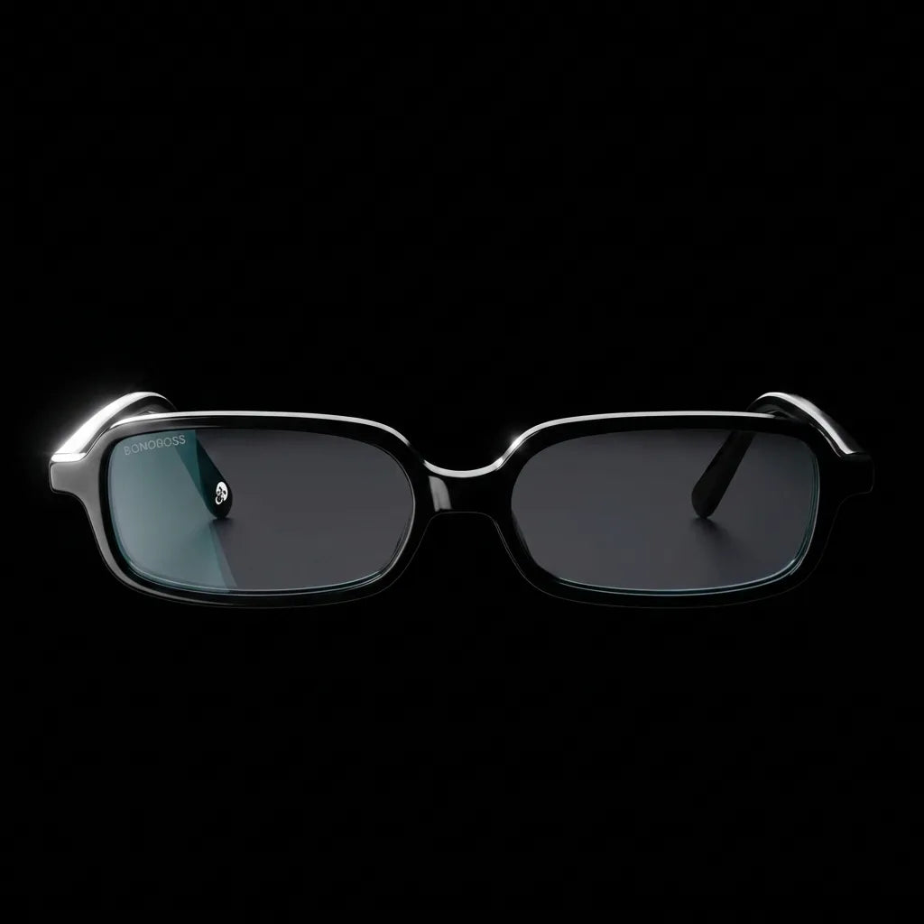 Lentes opticos Navarino Negro vista frontal dramatica iluminacion antirreflex receta optica bio-acetato Bonoboss #editorial_frontal-dramatico #color_negro