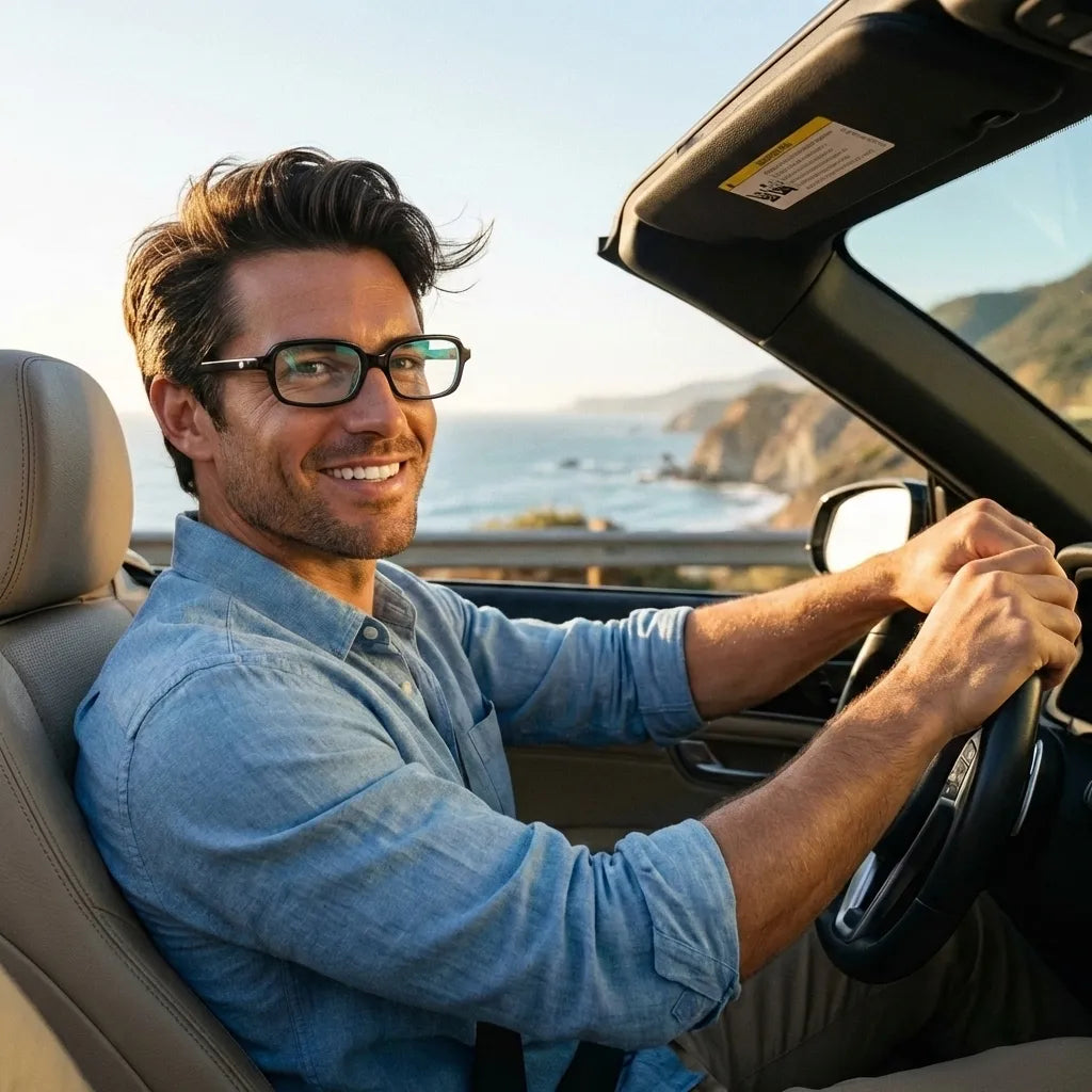 Lentes opticos Navarino Negro hombre conduciendo proteccion visual antirreflex receta optica bio-acetato Bonoboss #editorial_hombre-driving #color_negro