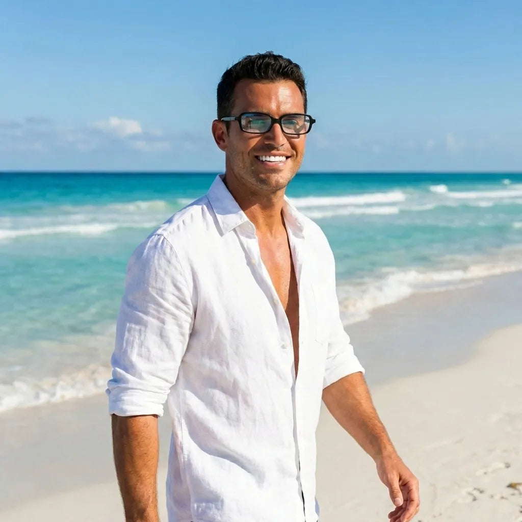 Lentes opticos Navarino Negro hombre en playa oceano estilo costero antirreflex receta optica bio-acetato Bonoboss #editorial_hombre-playa #color_negro