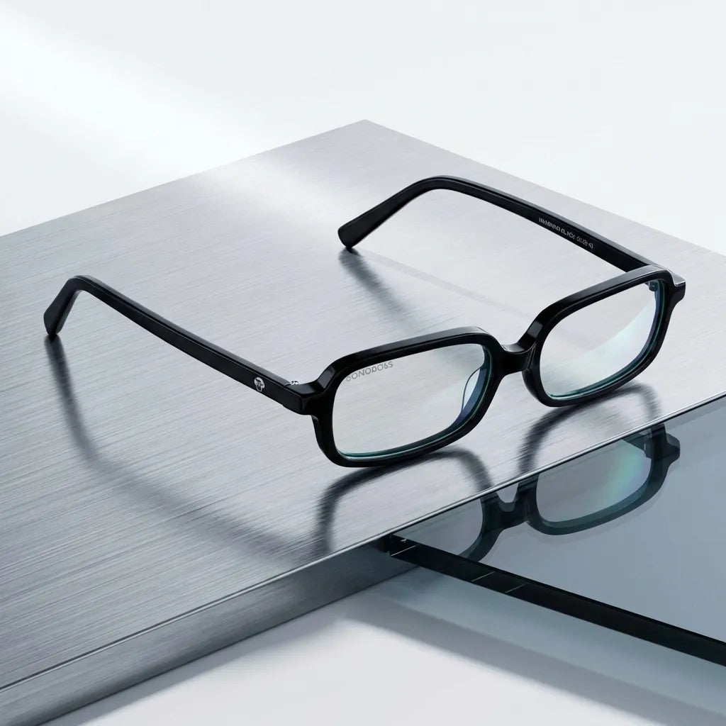 Lentes opticos Navarino Negro sobre metal cepillado industrial antirreflex receta optica bio-acetato Bonoboss #editorial_metal-brushed #color_negro