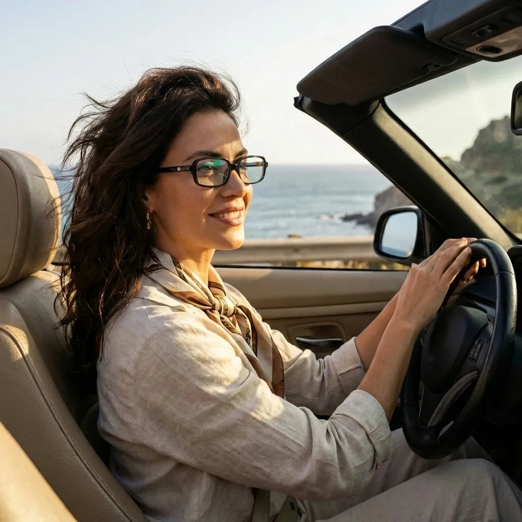 Lentes opticos Navarino Negro mujer conduciendo proteccion visual antirreflex receta optica bio-acetato Bonoboss #editorial_mujer-driving #color_negro