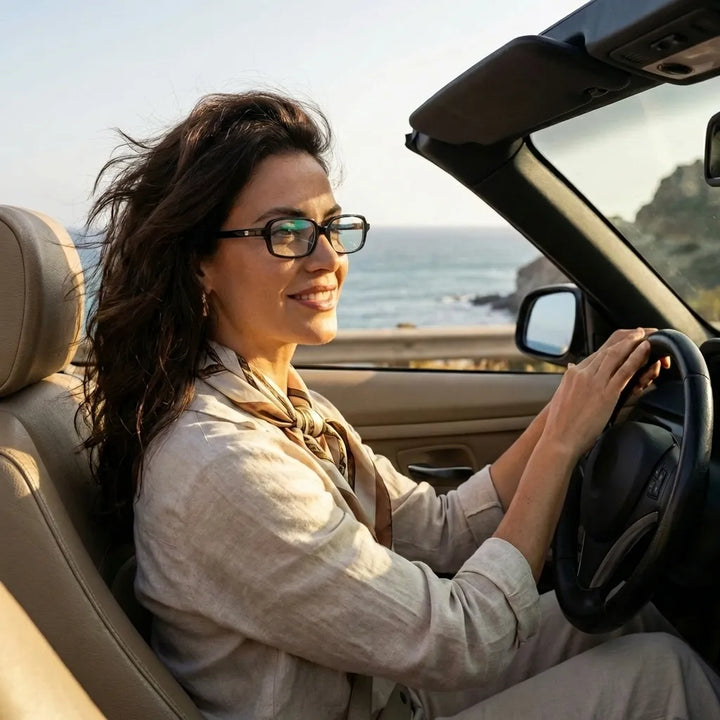 Lentes opticos Navarino Negro mujer conduciendo proteccion visual antirreflex receta optica bio-acetato Bonoboss #editorial_mujer-driving #color_negro