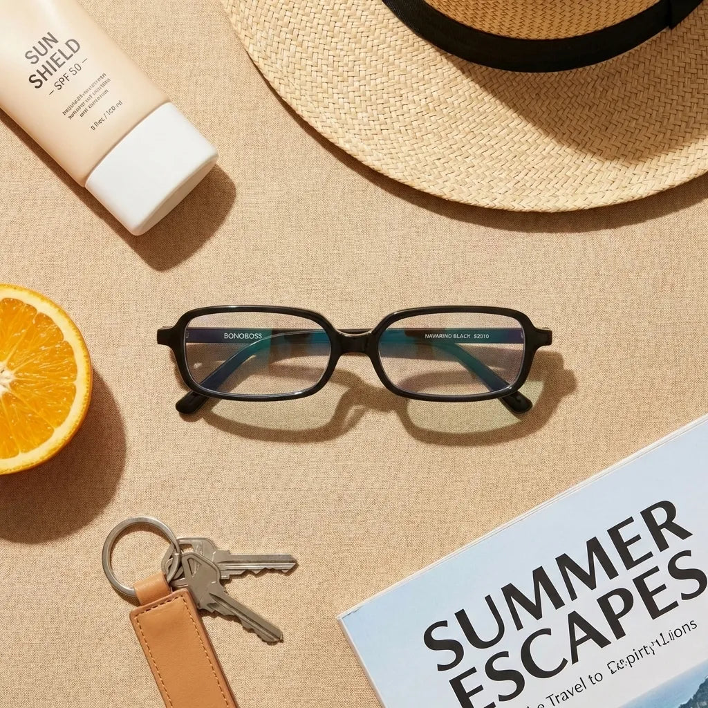 Lentes opticos Navarino Negro flat lay accesorios esenciales verano antirreflex receta optica bio-acetato Bonoboss #editorial_summer-essentials #color_negro