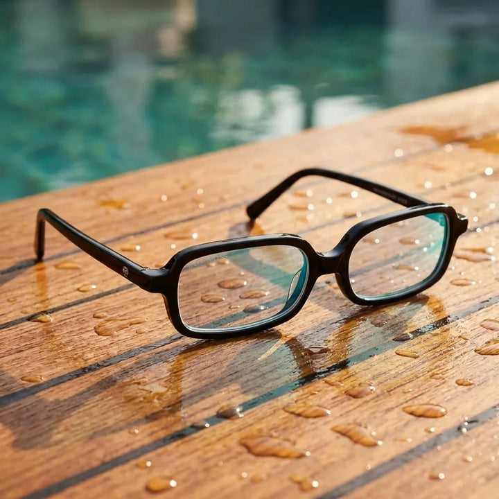 Lentes opticos Navarino Negro sobre madera teca con gotas de agua antirreflex receta optica bio-acetato Bonoboss #editorial_teca-agua #color_negro