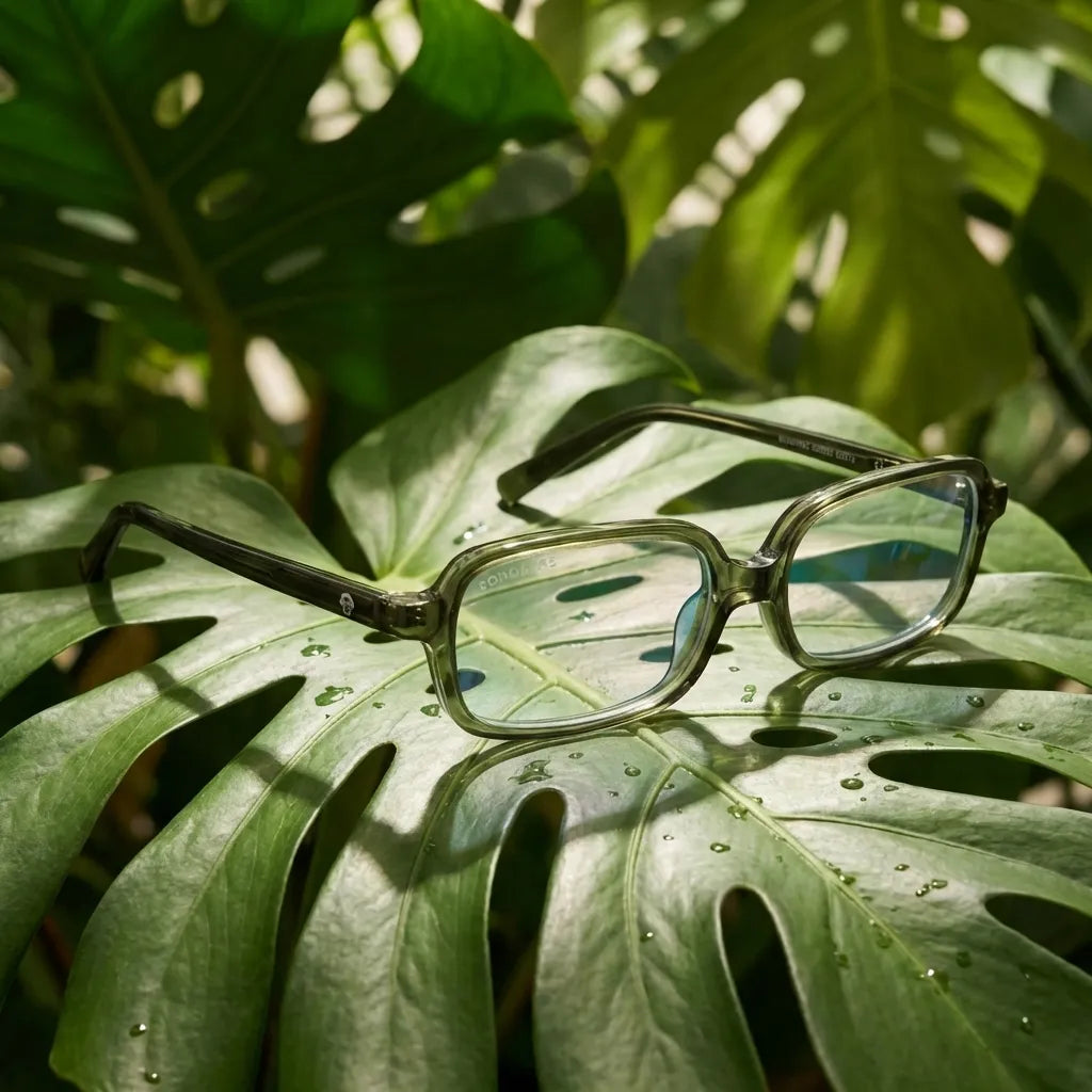 Lentes opticos Navarino Verde composicion botanica natural sustentable antirreflex receta optica bio-acetato Bonoboss #editorial_botanico #color_verde
