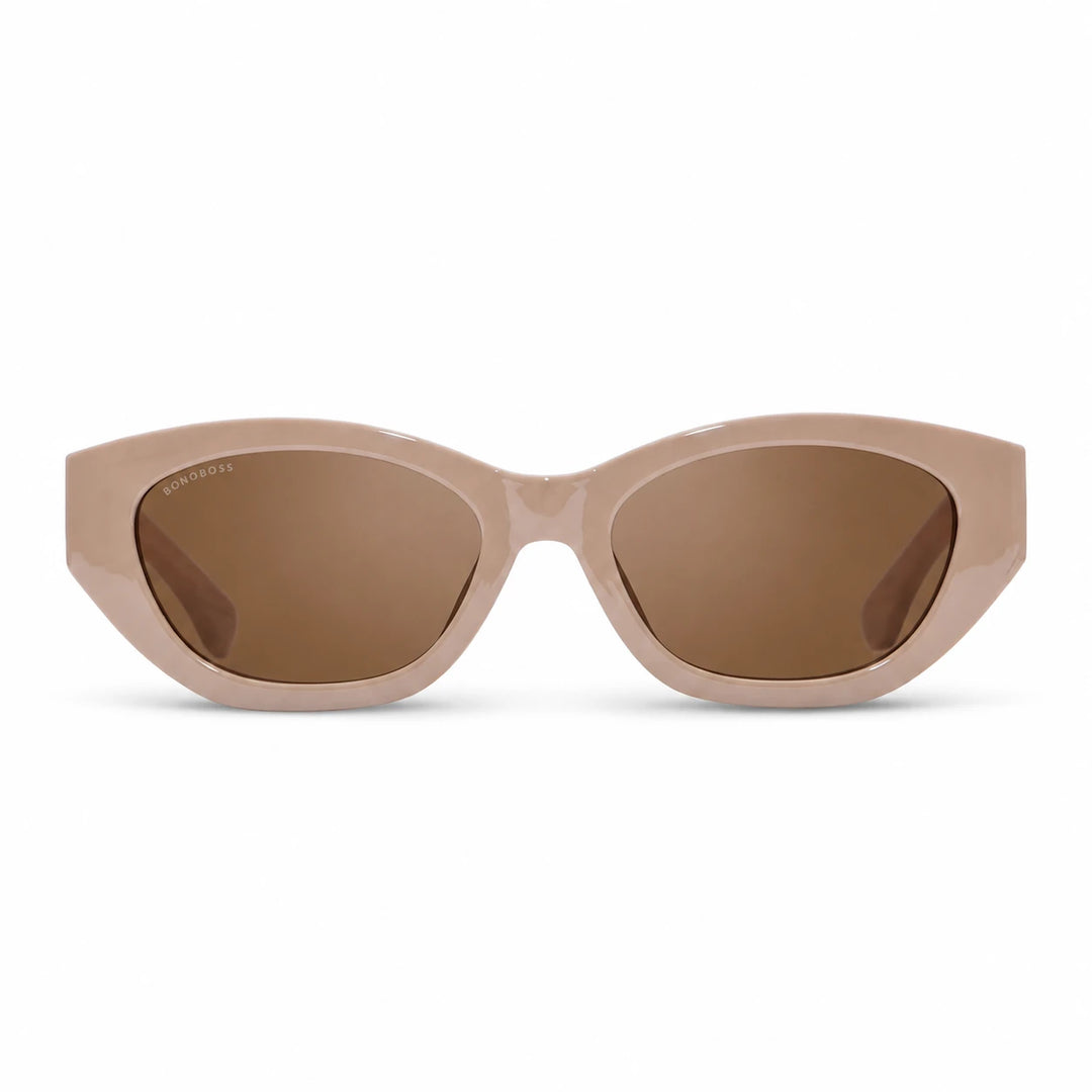 Lentes de sol Bonoboss Nomad Brown vista frontal armazón plástico reciclado RPET #editorial_frontal #color_brown