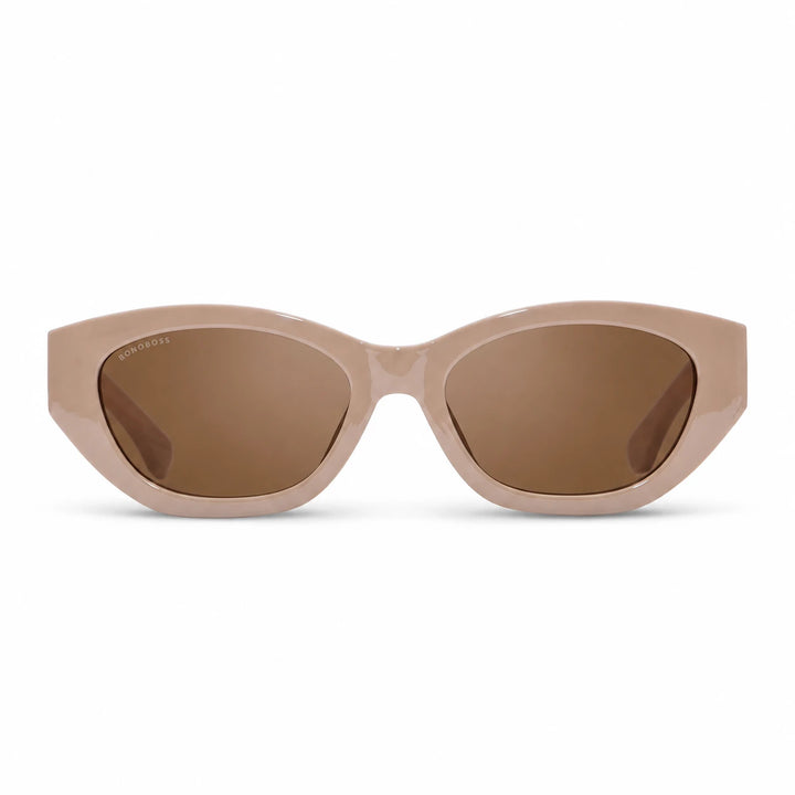 Lentes de sol Bonoboss Nomad Brown vista frontal armazón plástico reciclado RPET #editorial_frontal #color_brown