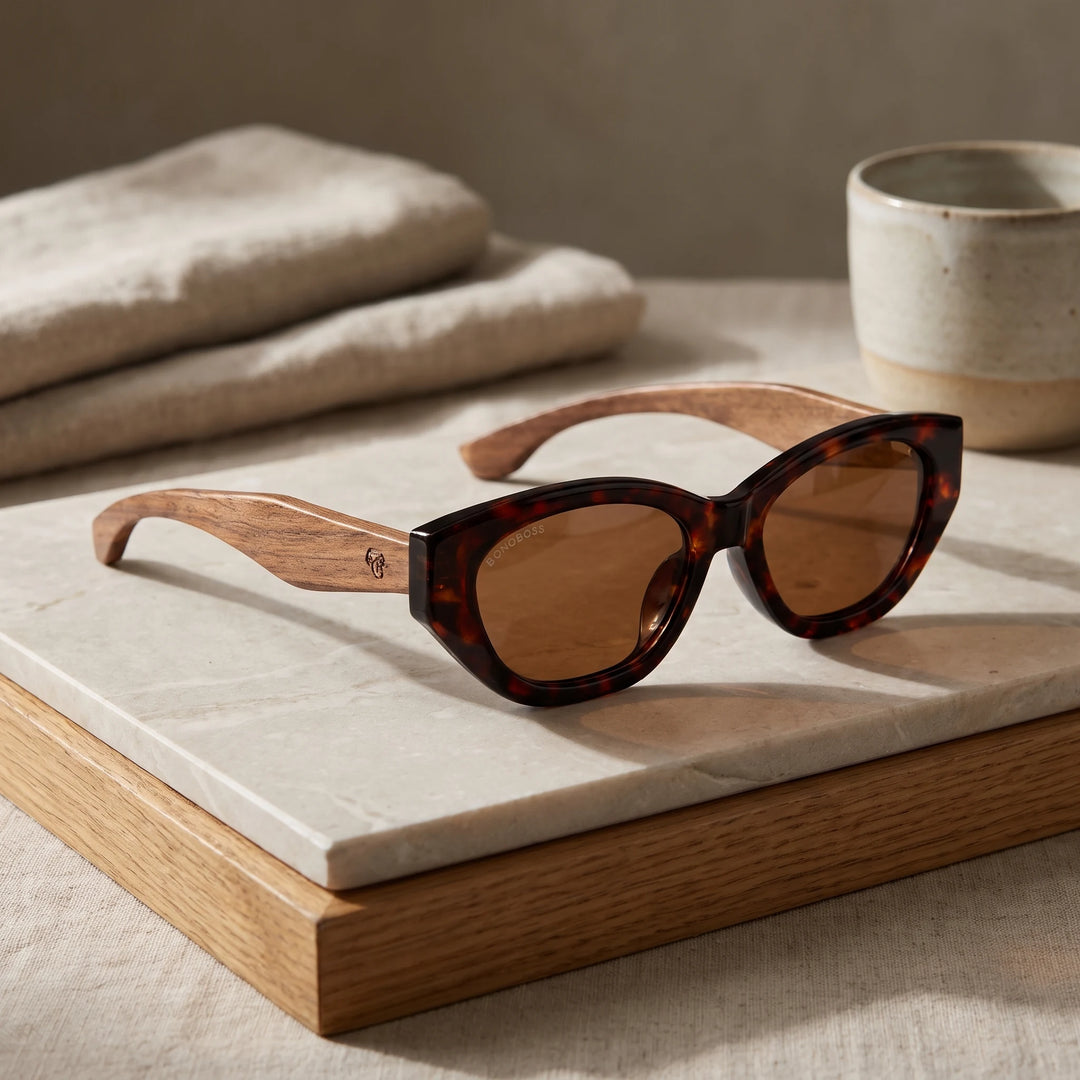Lentes de sol Bonoboss Nomad Carey Brown sobre piedra y roble con luz de ventana #editorial_sustentabilidad #color_carey-brown