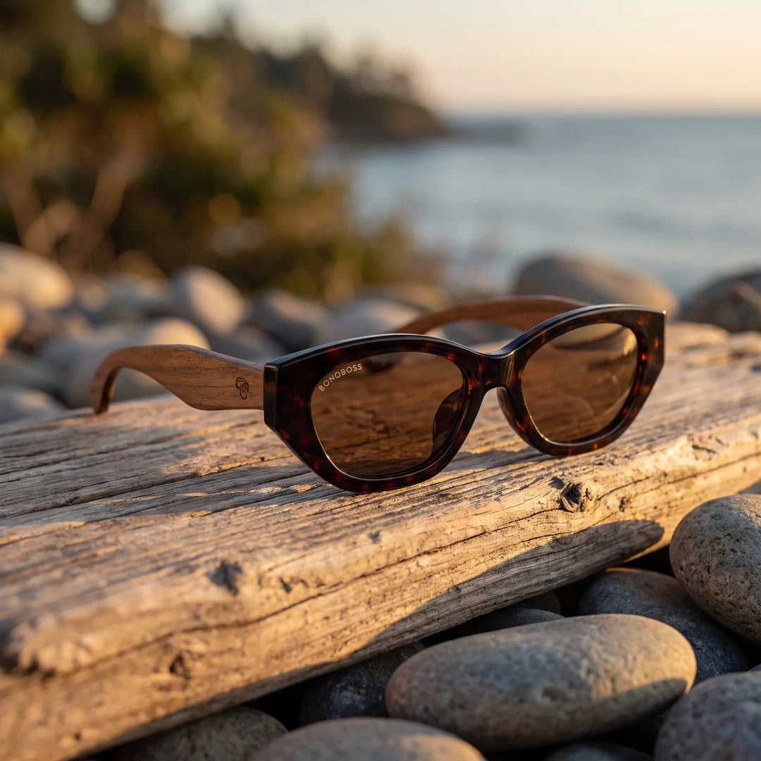 Lentes de sol Bonoboss Nomad Carey Brown sobre madera y rocas junto al mar al atardecer #editorial_grid2 #color_carey-brown