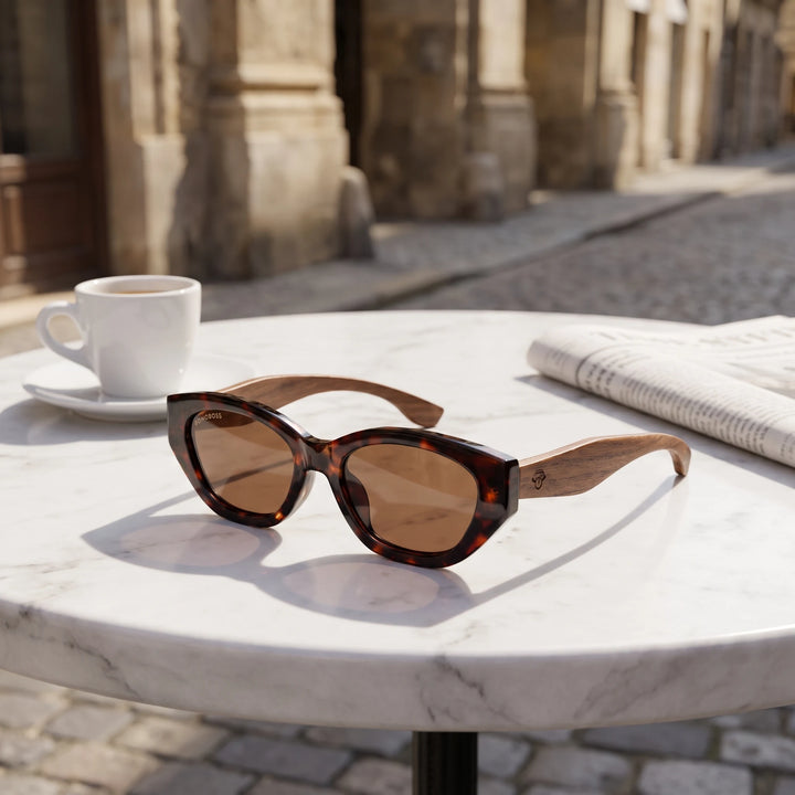 Lentes de sol Bonoboss Nomad Carey Brown sobre mesa de mármol en terraza de café #editorial_grid1 #color_carey-brown