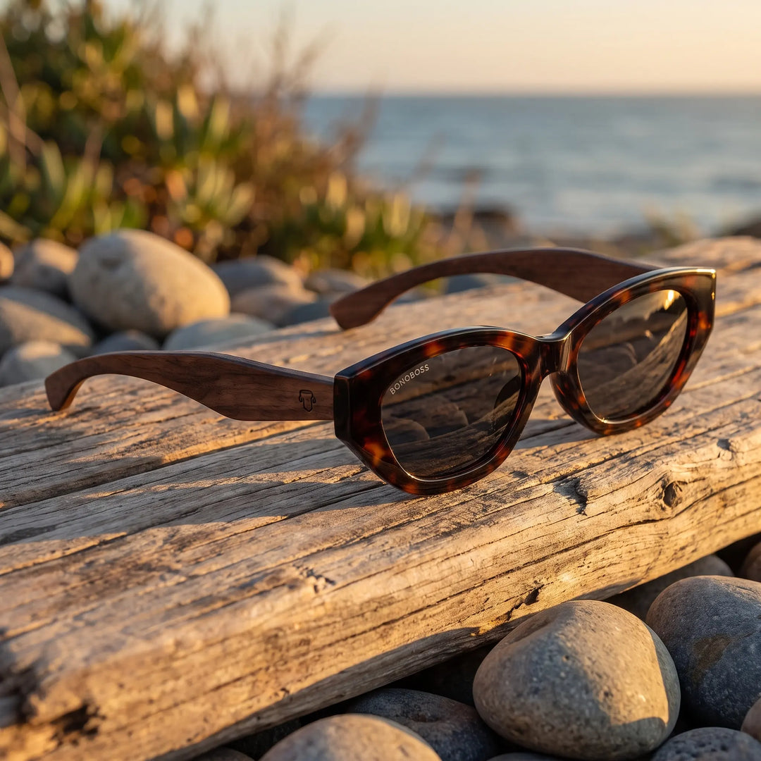 Lentes de sol Bonoboss Nomad Carey sobre madera y rocas junto al mar al atardecer #editorial_grid2 #color_carey
