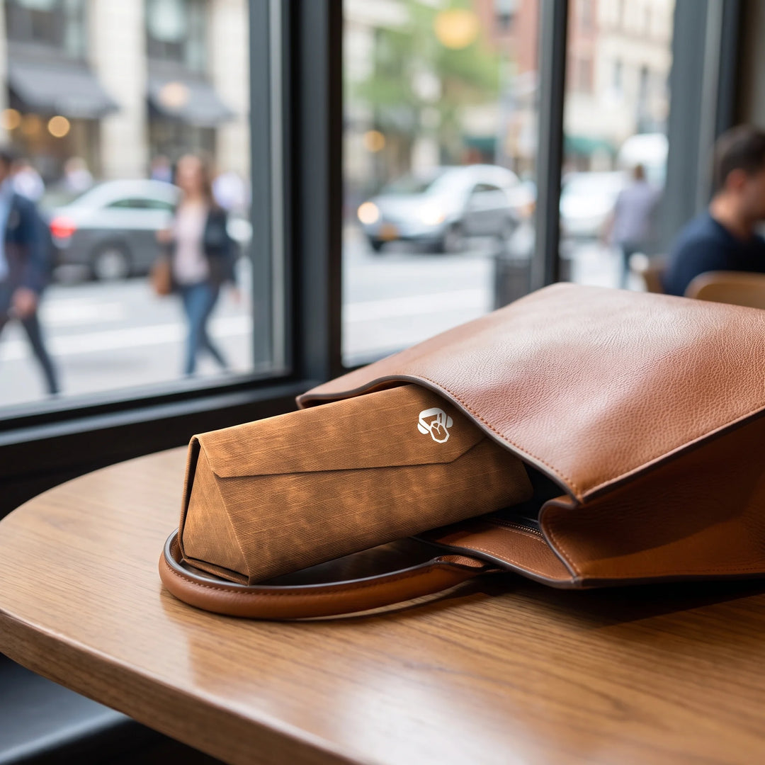 Estuche Origami Bonoboss color Caramelo — asomando desde un bolso en un cafe urbano #color_caramelo