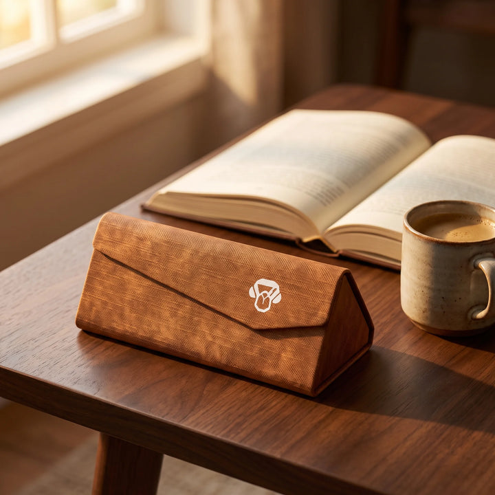 Estuche Origami Bonoboss color Caramelo — sobre mesa de cafe junto a un libro #color_caramelo
