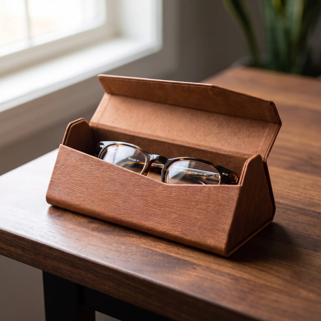 Estuche Origami Bonoboss color Caramelo — abierto sobre escritorio con lentes opticos guardados #color_caramelo