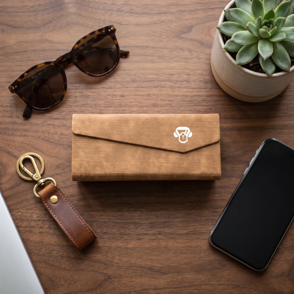 Estuche Origami Bonoboss color Caramelo — flat lay cenital sobre mesa de madera con lentes de sol y accesorios #color_caramelo