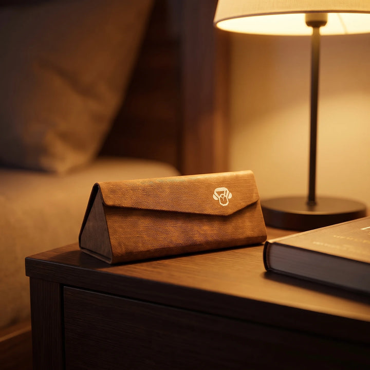 Estuche Origami Bonoboss color Caramelo — sobre velador con lampara encendida #color_caramelo