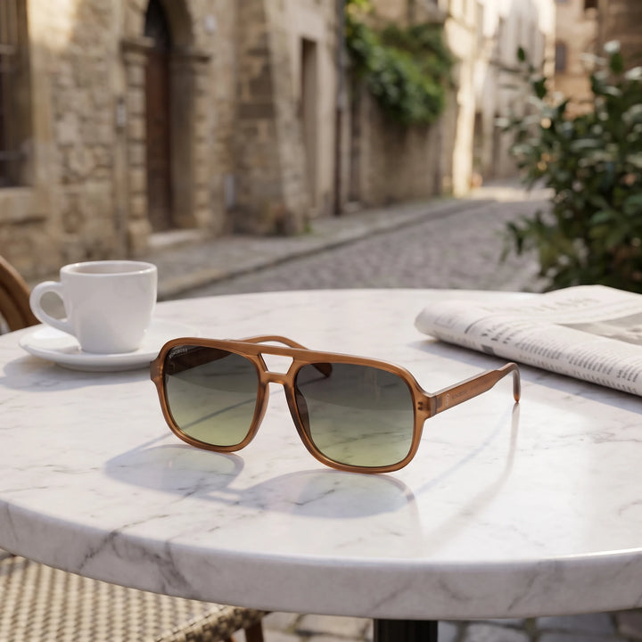 Lentes de sol Bonoboss Orson RPET Brown sobre mesa de mármol en terraza de café #editorial_grid1 #color_brown