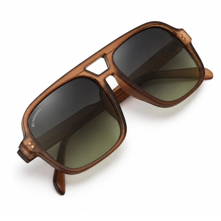 Lentes de sol Bonoboss Orson RPET Brown armazón plegado vista superior plástico reciclado #editorial_plegado #color_brown