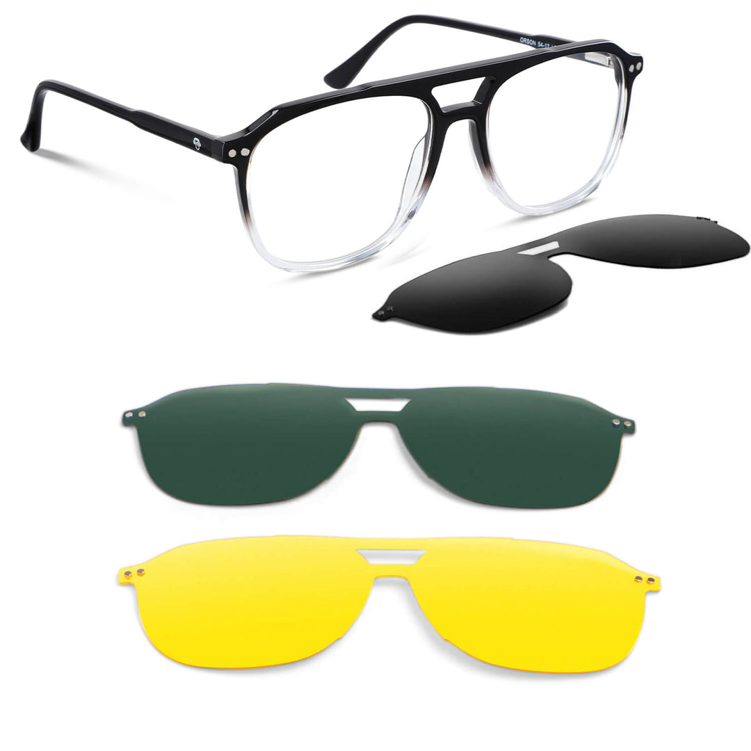 armazones opticos con clip de sol polarizado modelo aviador de Bonoboss. Lentes opticos con clip con receta de color degrade negro #color_gradiente