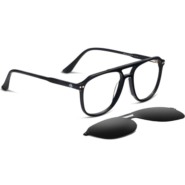 Vista 3/4 Orson Clip Sol lentes clip on mujer negro clásico destacando clip magnético #color_negro