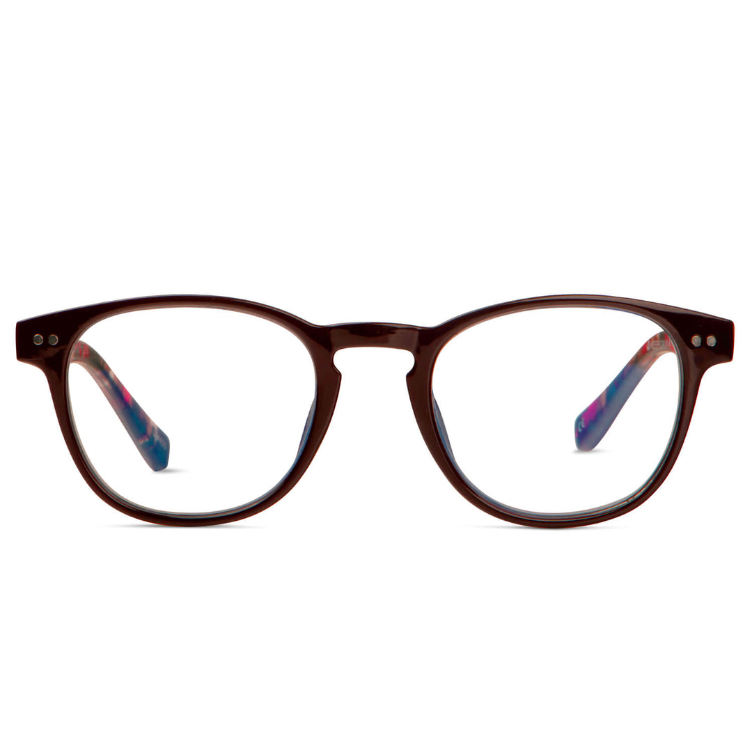 vista frontal de anteojos de lectura o presbicia con filtro de luz azul redondos de color burdeo para hombre y mujer