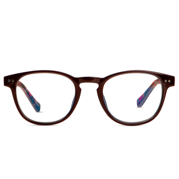 vista frontal de anteojos de lectura o presbicia con filtro de luz azul redondos de color burdeo para hombre y mujer