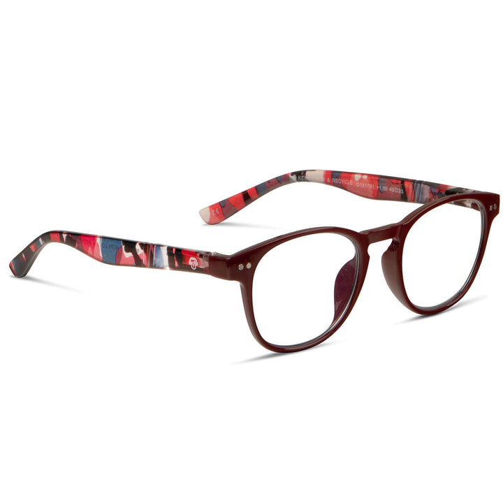 vista lateral o angulada de anteojos de lectura o presbicia de forma redonda para hombre y mujer de color rojo