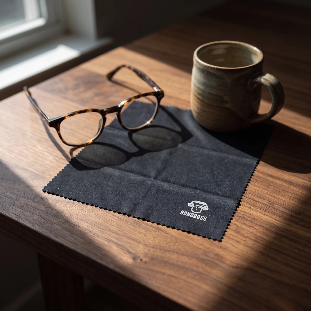 Paño de Microfibra para Lentes Bonoboss 17x15 cm — lifestyle sobre superficie premium, set de 3 unidades